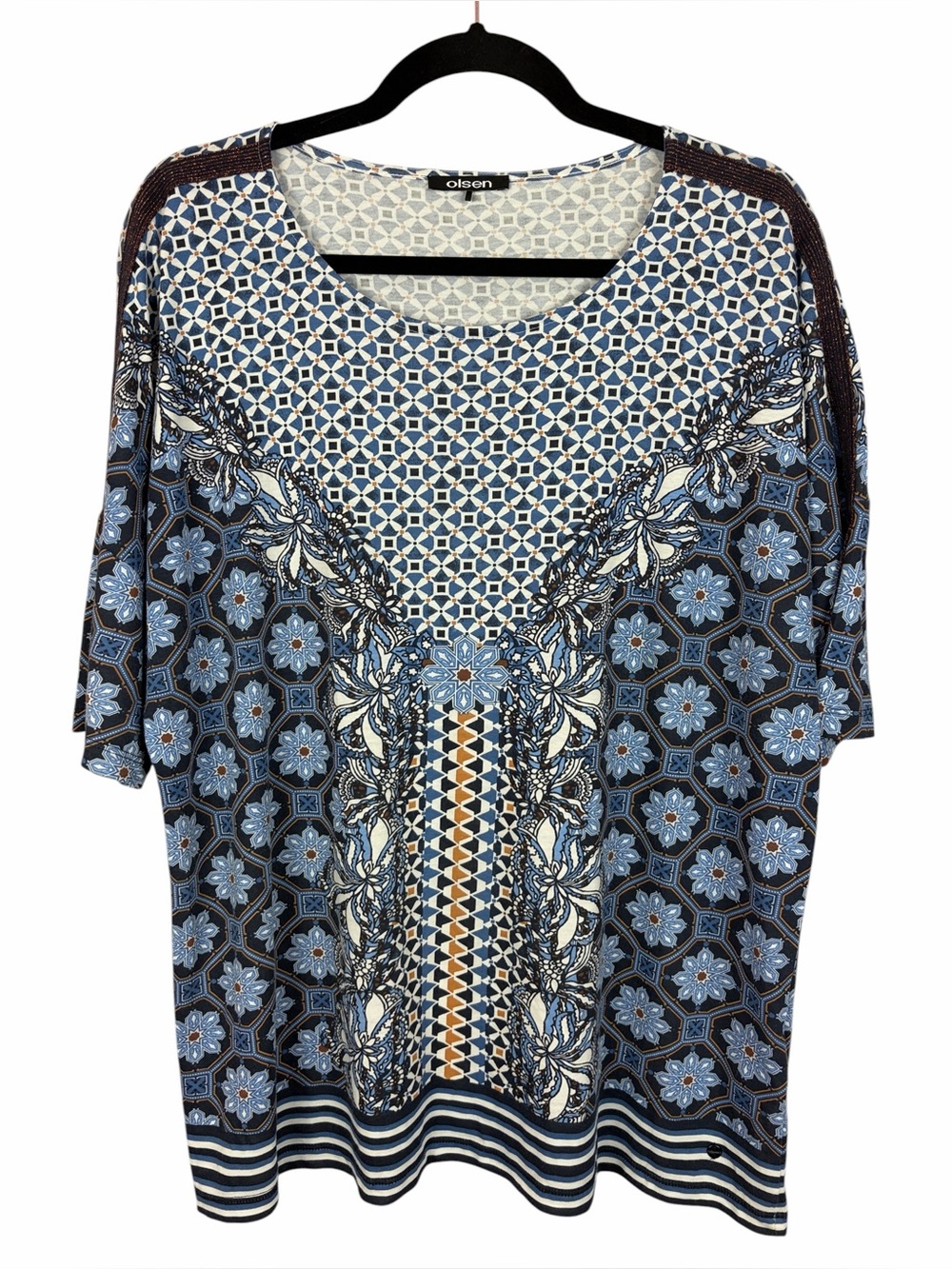 Olsen Mixed Print Knit Top Size 14 Blue Medallion 3/4 Sleeve Cotton Modal